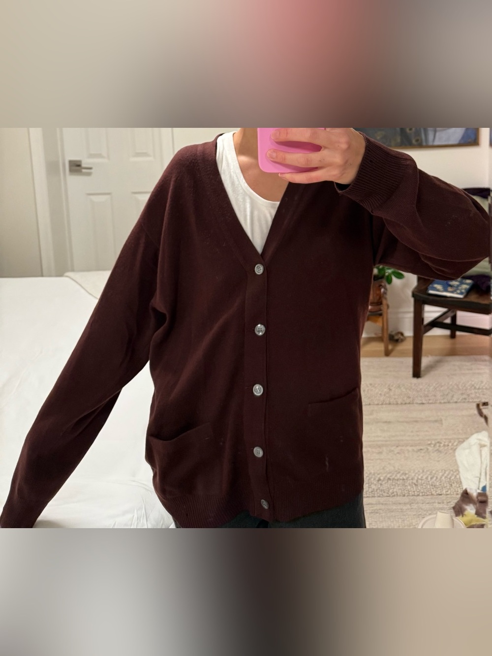 100% Cashmere Dark Brown V-Neck Button Cardigan Sweater